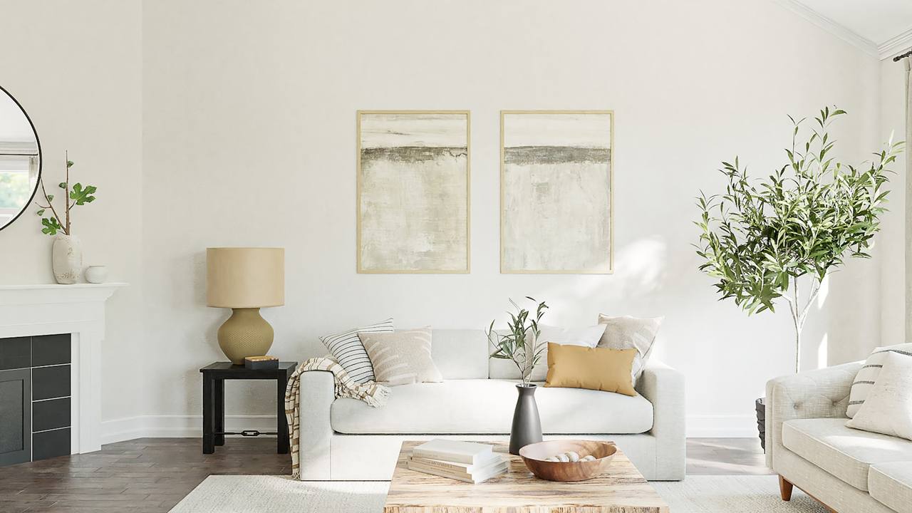 Bright living room with freshly painted white walls, a light sofa and an olive tree by the window